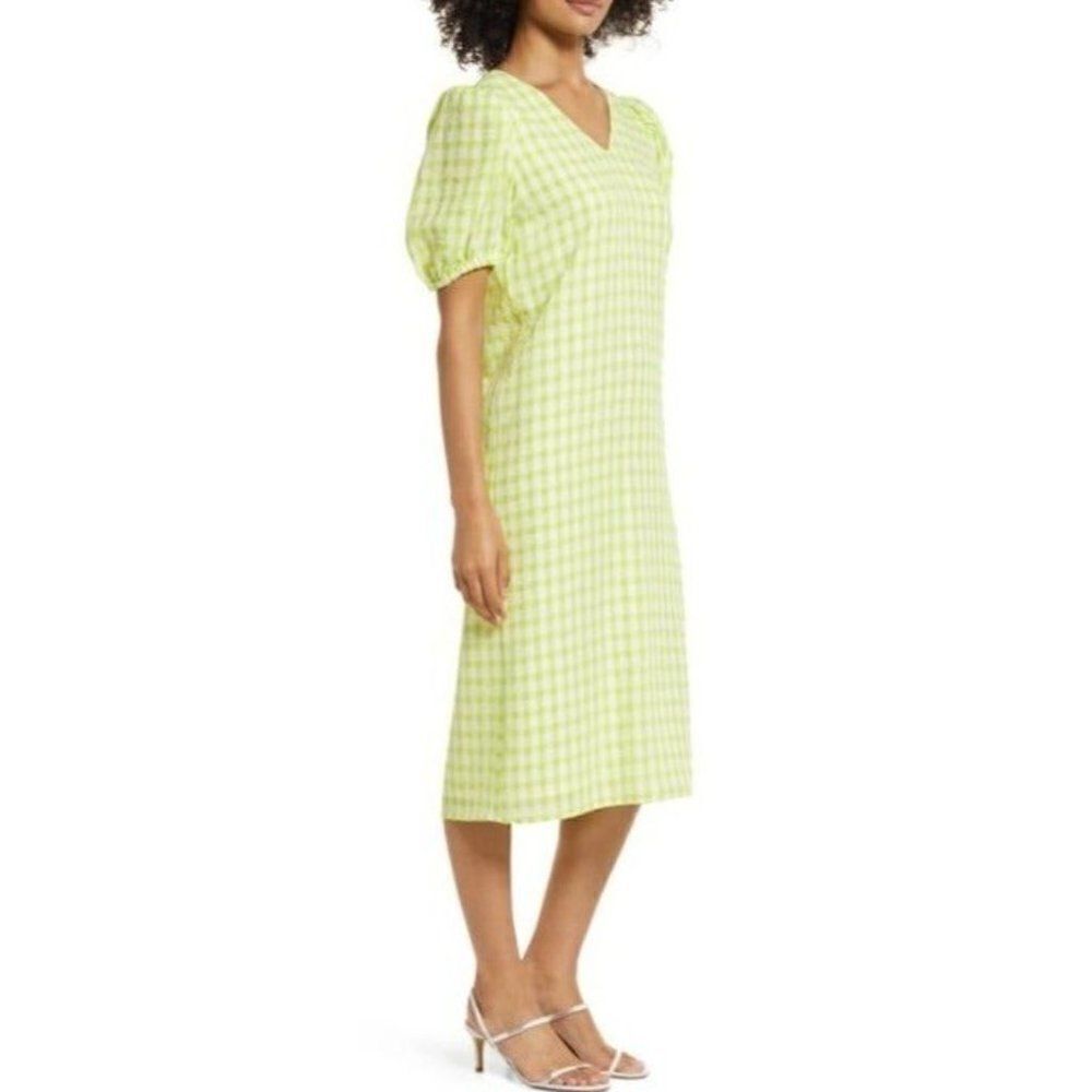 Halogen Puff Sleeve Midi Dress, Lime Green/ White, M - Picture 3 of 11
